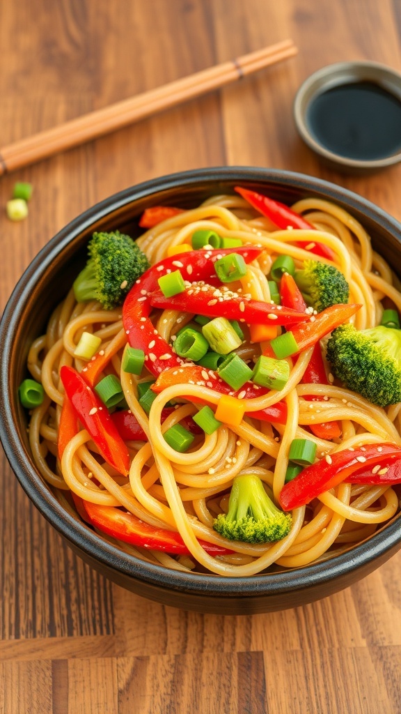 A colorful noodle stir-fry with vegetables in a rustic bowl, garnished with sesame seeds and green onions.